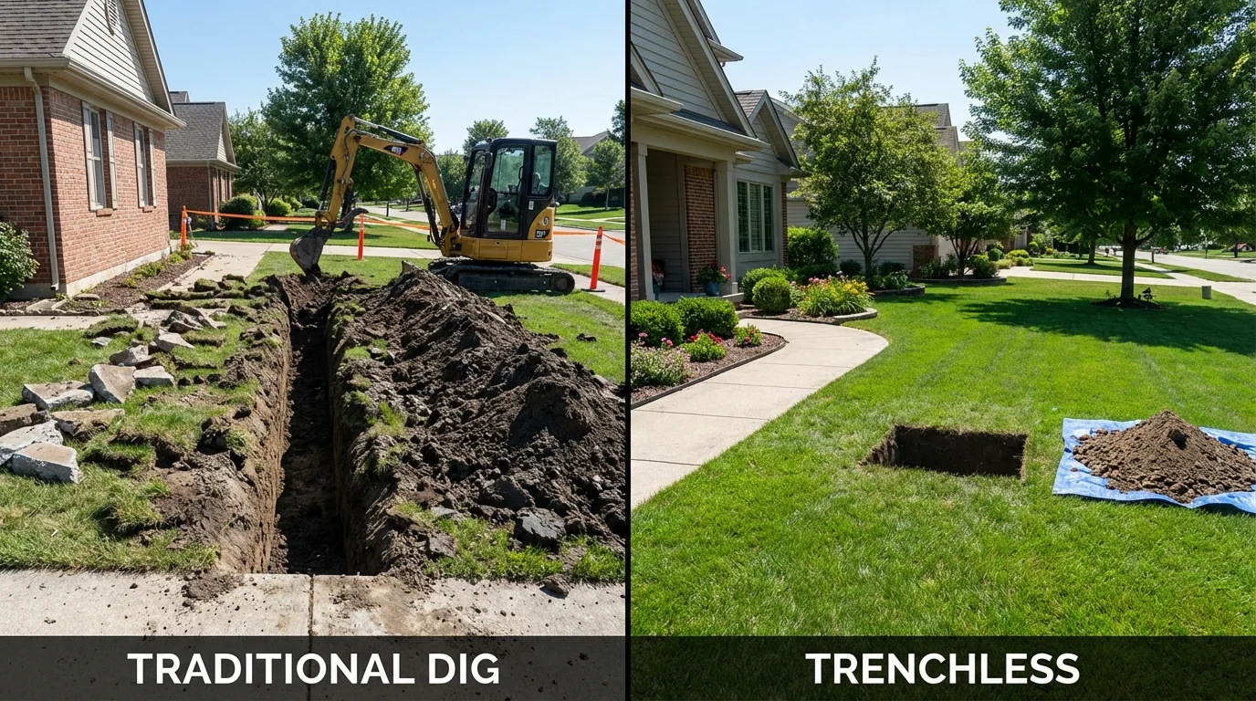 Trenchless sewer repair with minimal yard damage versus traditional excavation in Dryden, NY