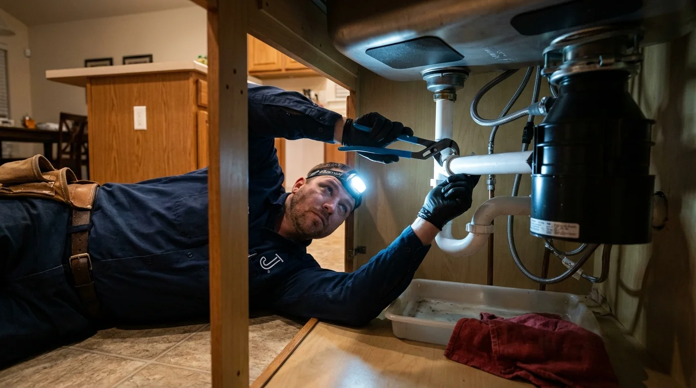 P-trap and supply line connections under a kitchen sink showing a common leak point in Dryden, NY